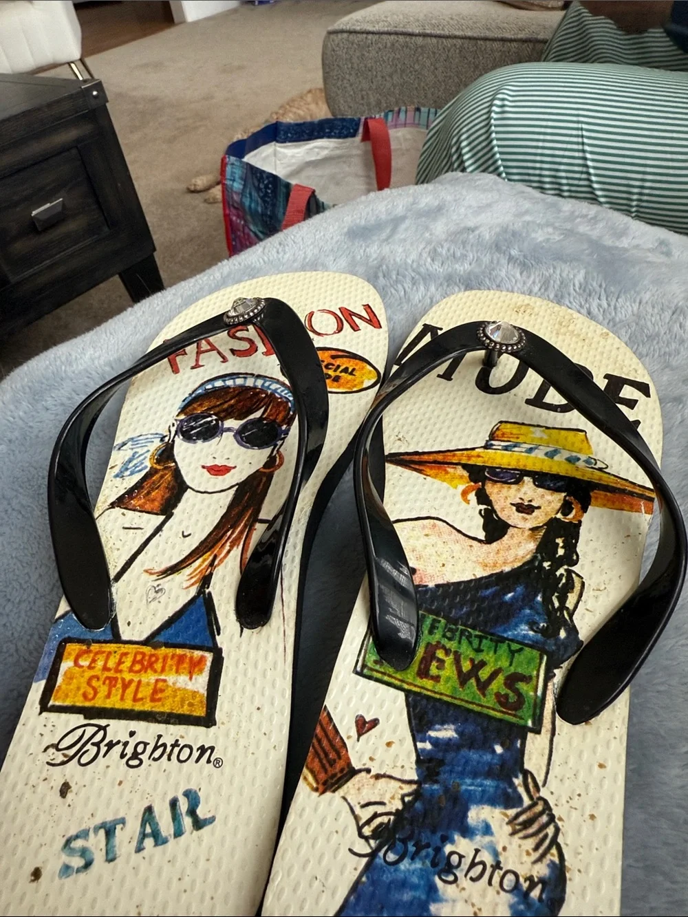 Bella Vita Black Strap Flip-Flops with Colorful Graphic Footbed
